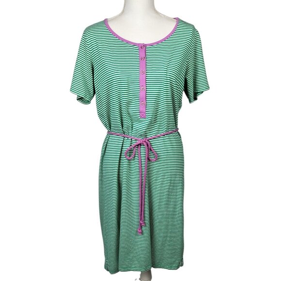 Lands End Dress Women's 0X 14W Green White Striped Purple Belt Nautical SS Beach - Picture 1 of 10